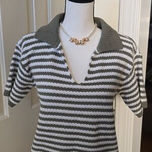 SONOMA BRAND WOMEN'S PETITE GREEN AND WHITE STRIPES SHORT SLEEVES SWEATER TOP SP